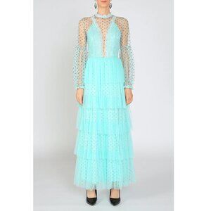 NWT Teal Polka Dot Long Sleeve Tulle Mesh Tiered Maxi Dress | Size S